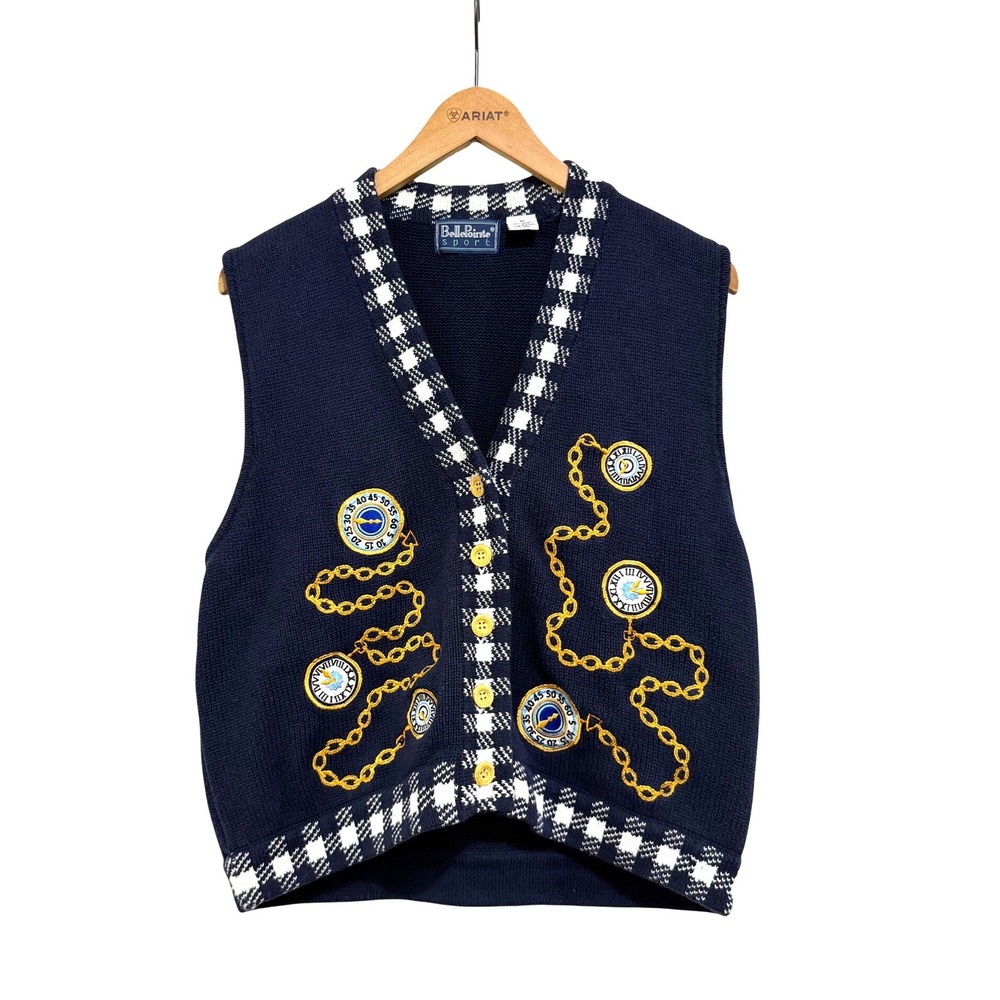 Vintage BellePointe Sport Navy Blue Clock Embroidery Gingham Sweater Vest M